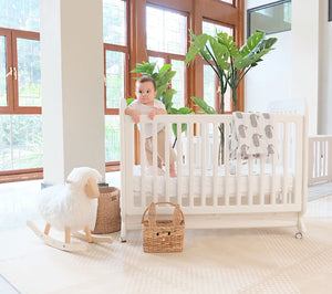 Bundle: Adjustable Height Convertible Crib with mattress & XL Luxe Playmat