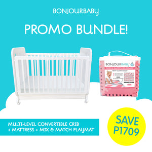 Bundle: Adjustable Height Convertible Crib with mattress & Mix & Match Playmat