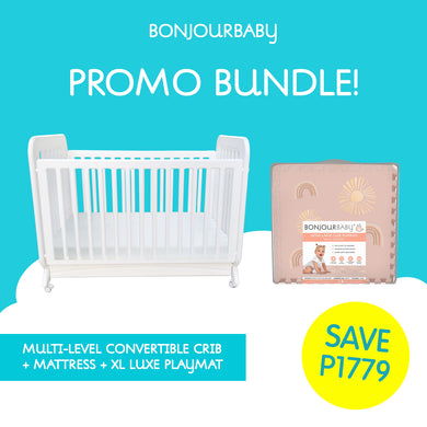 Bundle: Adjustable Height Convertible Crib with mattress & XL Luxe Playmat