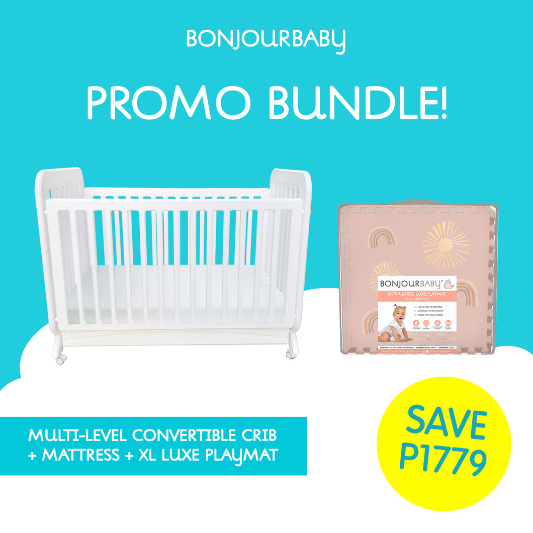 Bundle: Adjustable Height Convertible Crib with mattress & XL Luxe Playmat